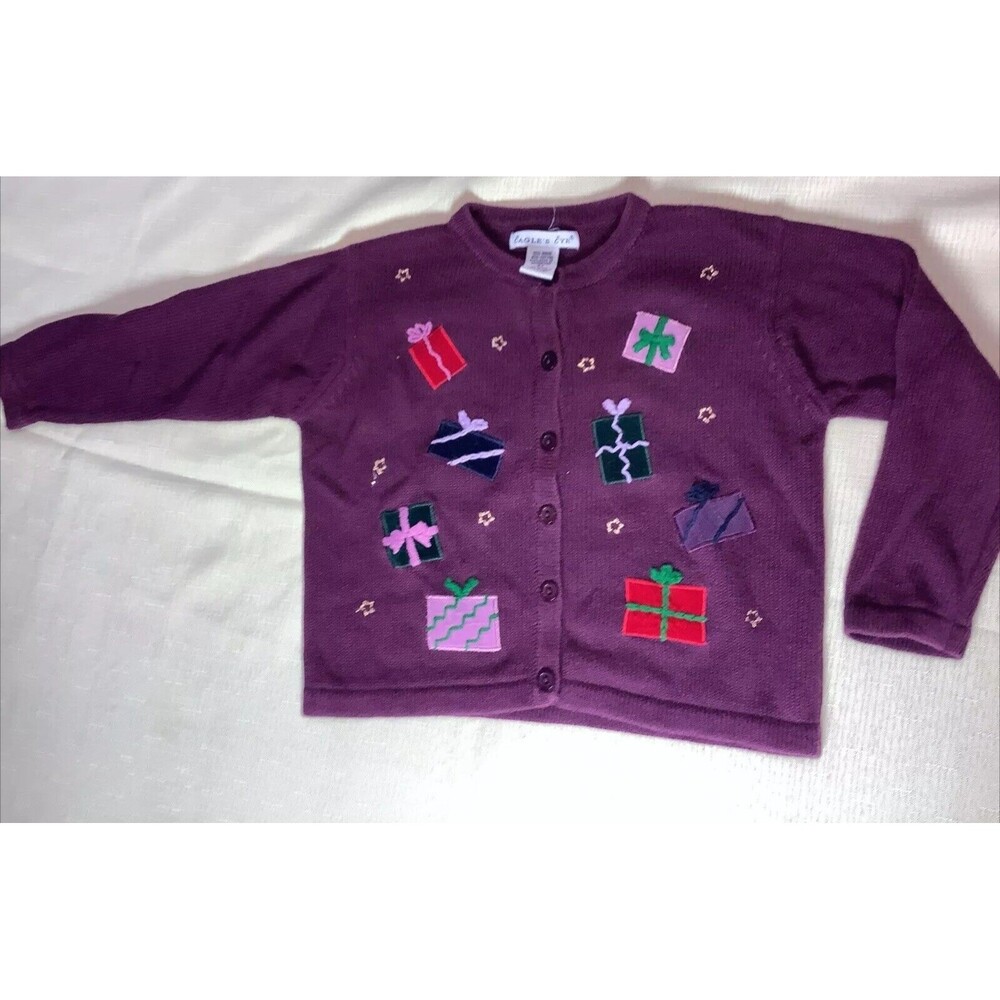 Eagle’s Eye SZ 4T Girls Purple Ugly Christmas Sweater Presents Gifts Stars